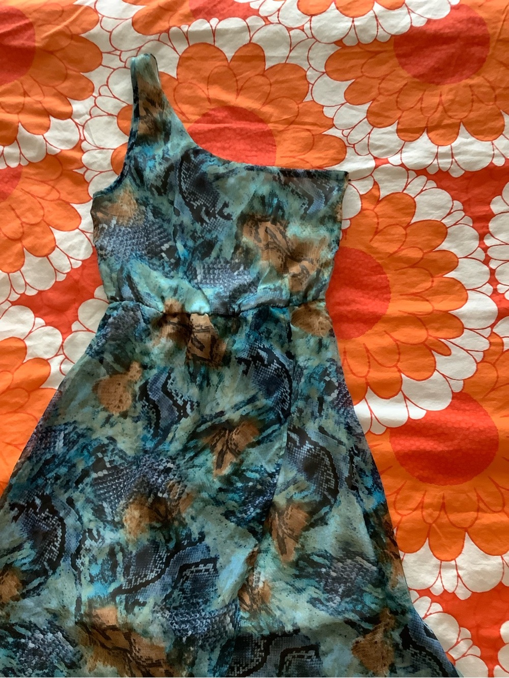Almost Famous Blue, Brown and Cream Mixed-Print Dress